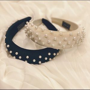 Beaded Padded Headband W/ Faux Pearls Black Color